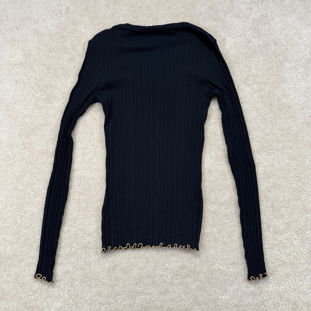 Vince Merrow Stitch Rib Crew Neck Top Womens M Coastal Blue Contrast Lettuce Hem - Picture 2 of 8